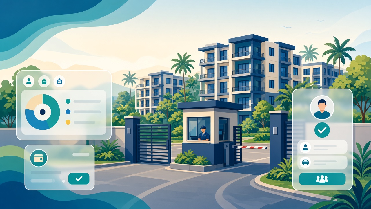 Estate gate, residents, and management dashboard illustration